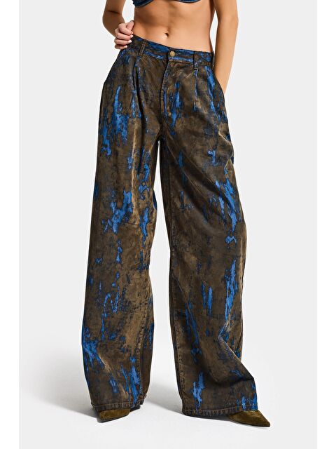 It's Basic Kadın Kahve Mavi 1s6-15 Palazzo Fit Bol Kesim Özel Flok Kumaş Tasarım Denim Jean - S000511780-19413