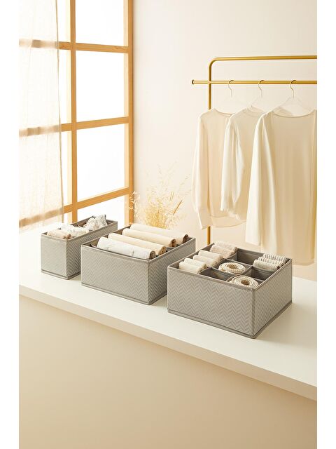 Ocean Home Textile 3'lü Bölmeli Gri Balıksırtı Çekmece İçi Düzenleyici Kutu Set - S000238545-20600