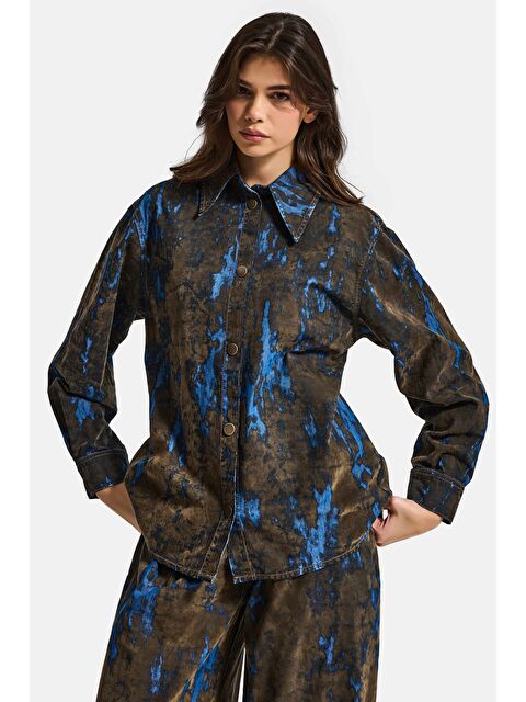 It's Basic Kadın Kahve Mavi 1s6-15 Oversize Özel Flok Kumaş Tasarım Denim Gömlek - S000511782-19413