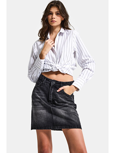 It's Basic Kadın Koyu Füme 2s6-1 Straight Fit %100 Pamuk Mini Denim Etek - S000511783-33408