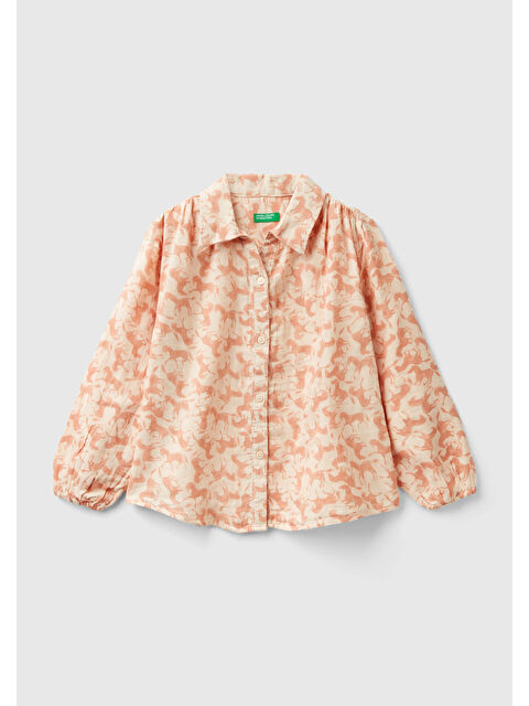 United Colors Of Benetton Kız Çocuk Açık Pembe Düğme Kapamalı Tamamı Desenli Uzun Kollu Gömlek - S000294729-20020