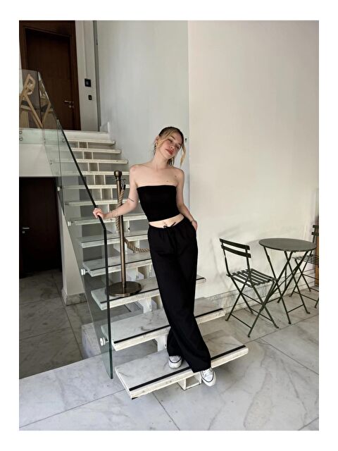 Hazelin Kadın Siyah Cepli Beli Lastikli Bol Paça Keten Pantolon HZL24S-ZK11051 - S000228189-19351