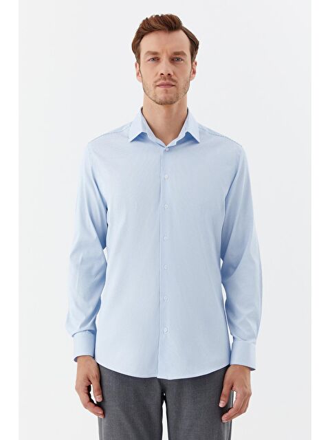 Sabri Özel Erkek Açık Mavi Çizgili Poligotlu Yaka Slim Fit Gömlek