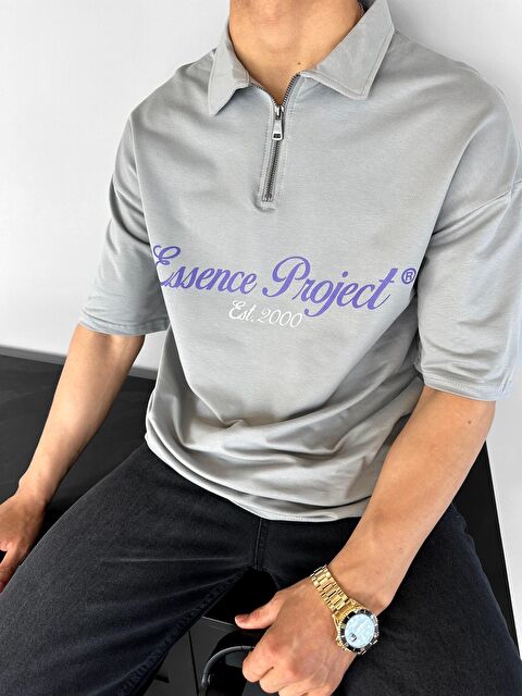 Abluka Online Oversize Fermuarlı Polo Yaka Baskılı Erkek Tişört - S000187047-17308