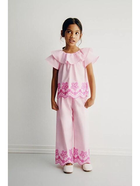 Monila Kız Çocuk Pembe Yaka Detaylı Nakış İşlemeli Altüst Takım