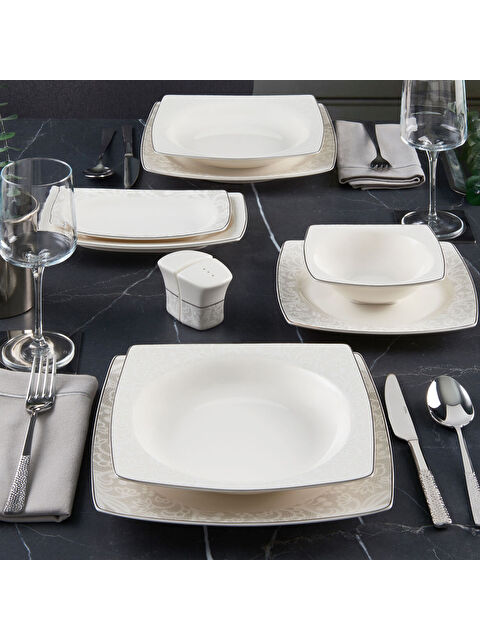 GÜRAL PORSELEN Caroline 54 Parça Kare Bone Yemek Takımı - 6327 - S000336385-37646