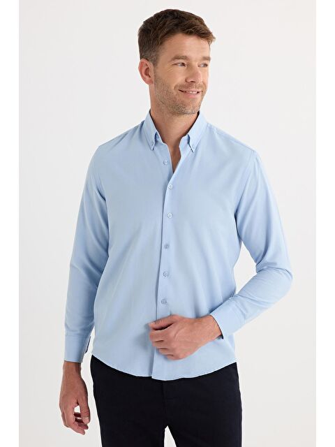 TUDORS Regular Fit Düğmeli Yaka Pamuklu Kolay Ütü Oxford Düz Erkek Mavi Gömlek - S000520269-17234