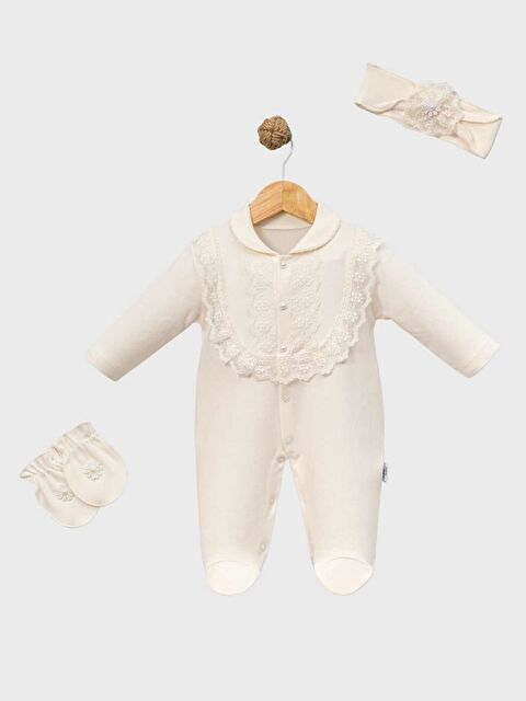 Jijek Kız Bebek Ekru Dantelli Tulum Set – Yenidoğan Çıtçıtlı Pamuklu Uzun Kollu Hastane Çıkışı, Mevlütlük - S000531252-19965