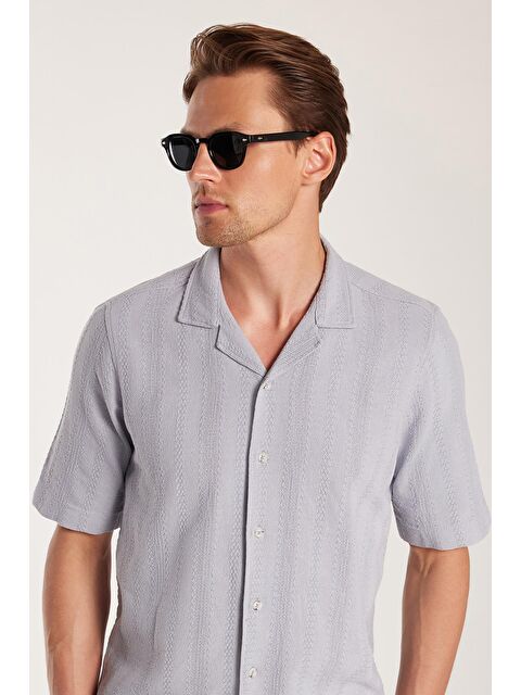 TUDORS Erkek Regular Fit Klasik Kesim %100 Pamuk Keten Efekt Kısa Kollu Spor Apaş Yaka Gri Gömlek - S000520271-20600