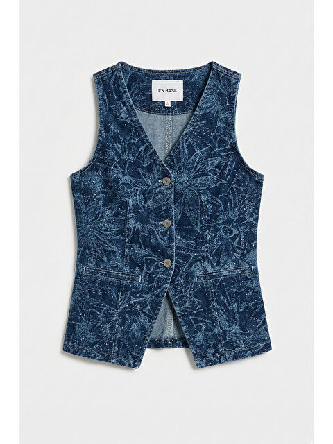 It's Basic Kadın Mavi 1s6-7 Önü Düğmeli Çiçek Desenli Parlak Taşlı Tasarım Denim Yelek - S000511787-17234