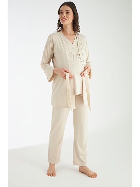 MİSS DÜNYA LİSSA Bej Dantel Detaylı 3lü Sabahlıklı Hamile Ve Lohusa Pijama Takımı - S000366754-19928