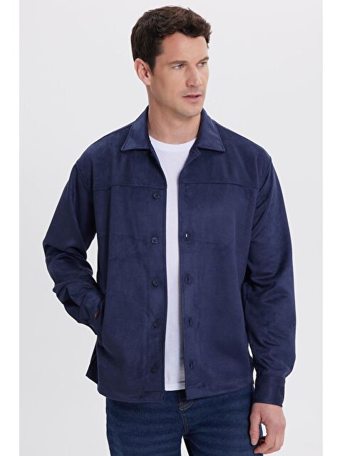 TUDORS Erkek Relax Fit Rahat Kesim Düz Süet Yan Cepli Lacivert Ceket Gömlek - S000520273-21164