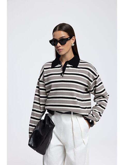 Mai Collection Moss Çizgili Gri Polo Yaka Triko Kazak - S000511584-20600