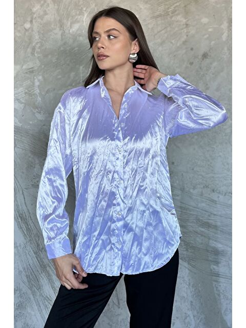 Gülseli Kadın Taş İşlemeli Kırışık Saten Gömlek - S000399378-20063