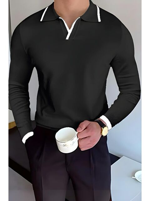 Oksit Roxy Slim Fit Yakası ve Kolu Şeritli Erkek Polo Yaka Triko Kazak - S000446608-19351