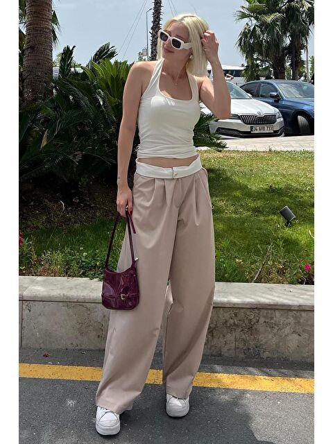 Madmext Bej Yüksek Bel Rahat Kesim Bol Paça Pantolon Mg2120 - S000219811-19928