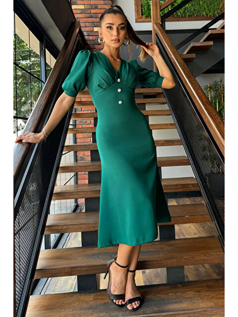 Gülseli V Yaka Düğme Detaylı Midi Boy Elbise - S000289615-18709