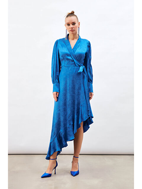 SATEEN Jakarlı Asimetrik Elbise - Sax Mavi - S000324173-23710
