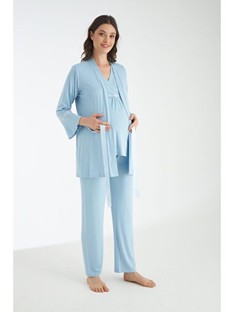 MİSS DÜNYA LİSSA Bebe Mavisi Dantel Detaylı 3lü Sabahlıklı Hamile Ve Lohusa Pijama Takımı - S000366754-3642
