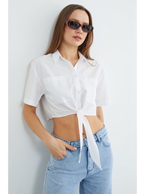 Fullamoda Önü Bağlamalı Çift Cepli Crop Gömlek - S000503908-20063