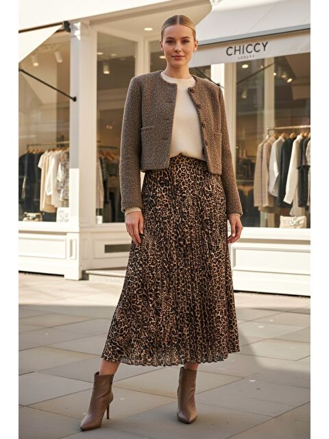 Chiccy Kahverengi Leopar Desenli Eteği Pliseli Lastikli Bel Casual Uzun Dokuma Etek 95 60 - S000486577-19413