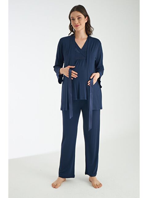 MİSS DÜNYA LİSSA Lacivert Dantel Detaylı 3lü Sabahlıklı Hamile Ve Lohusa Pijama Takımı - S000366754-21164