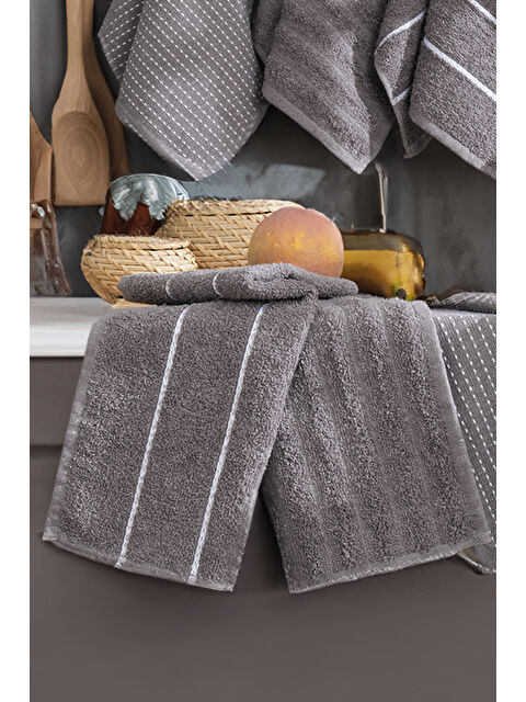 UPSTYLE 6'lı Nakışlı Kurulama Peçetesi Seti 30x50 cm Antrasit %100 Pamuk Yumuşak ve Emici - S000266340-29666