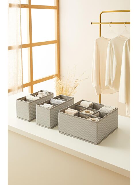 Ocean Home Textile 3'lü Bölmeli Gri Balıksırtı Çekmece İçi Düzenleyici Kutu Set - S000238546-20600