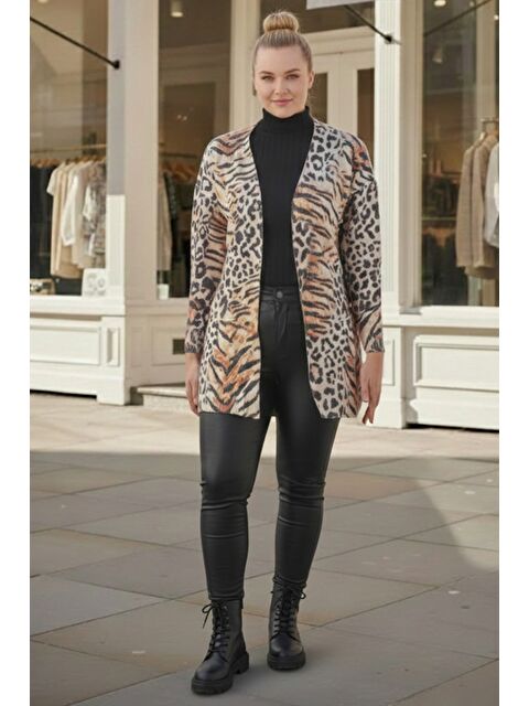 Chiccy İtalyan Büyük Beden İtalyan V Yaka Uzun Kol Leopar Desen Kapamasız Cepli Casual Triko Hırka 80 65 - S000486580-19413