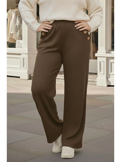 Chiccy İtalyan Büyük Beden Kahverengi Lastikli Bel Geniş Paça İnce Fitilli Kadife Dokuma Pantolon 100 62 - S000486581-19413