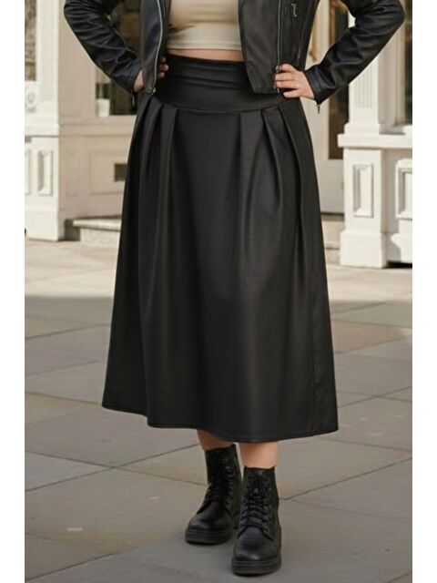 Chiccy Siyah İnce Yanları Bağlamalı Lastikli Bel Casual Suni Deri Dokuma Etek 84 75 - S000486584-19351