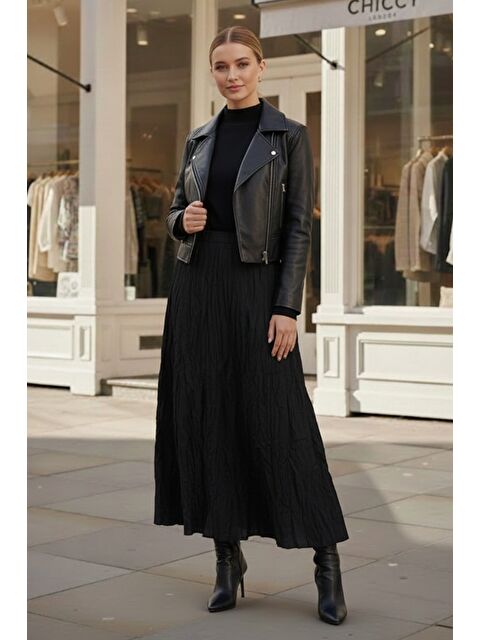 Chiccy Siyah Lastikli Bel Casual Krinkıl Uzun Dokuma Etek 95 60 - S000486582-19351