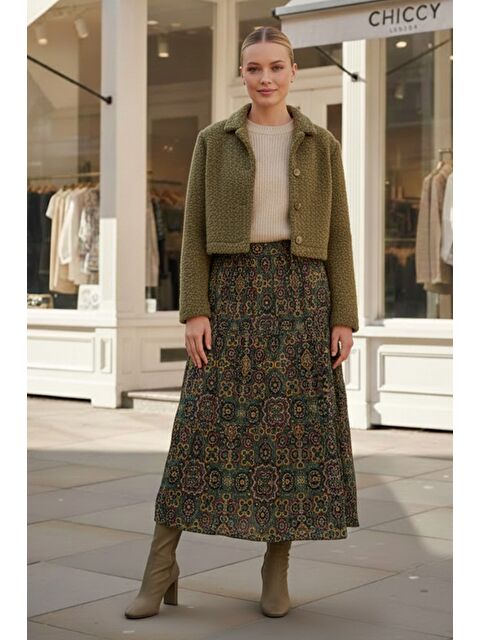 Chiccy Koyu Yeşil Etnik Desenli Allover Baskılı Lastikli Bel Casual Uzun Dokuma Etek 95 60 - S000486586-19416