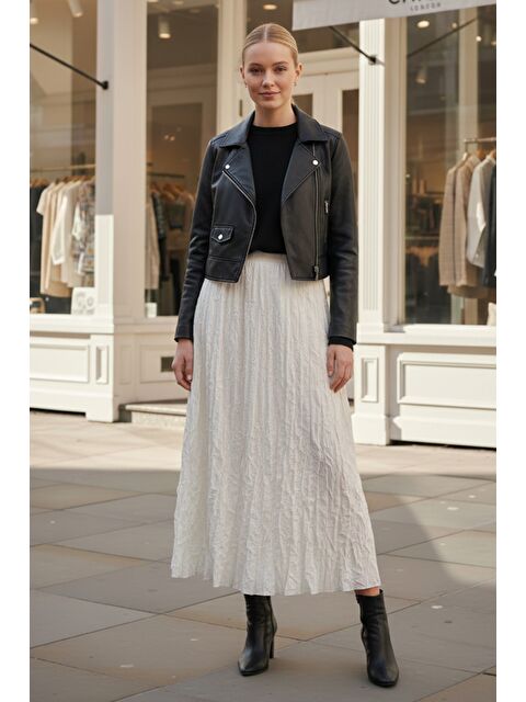 Chiccy Ekru Lastikli Bel Casual Krinkıl Uzun Dokuma Etek 95 60 - S000486582-19965