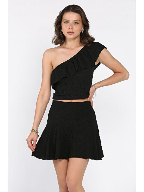 Gülseli Kadın Tek Omuz Kendinden Desenli Fırfırlı Bluz Etek İkili Takım - S000399387-19351