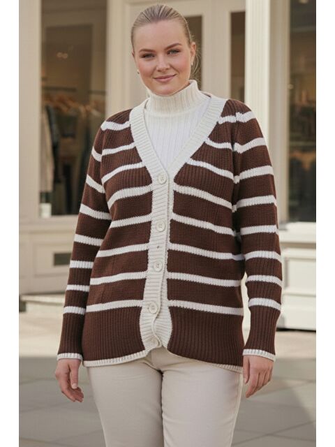 Chiccy Büyük Beden Koyu Kahverengi V Yaka Uzun Kol Çizgili Düğmeli Kalın Casual Triko Hırka 70 70 - S000486579-19291