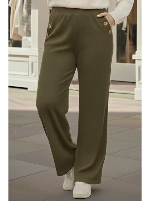 Chiccy İtalyan Büyük Beden Haki Cepli Lastikli Bel Geniş Paça İnce Fitilli Kadife Dokuma Pantolon 100 62 - S000486581-18547