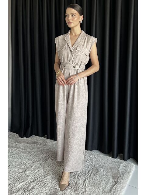 Gülseli Bel Lastikli Kemerli Keten Tulum - S000399350-19928