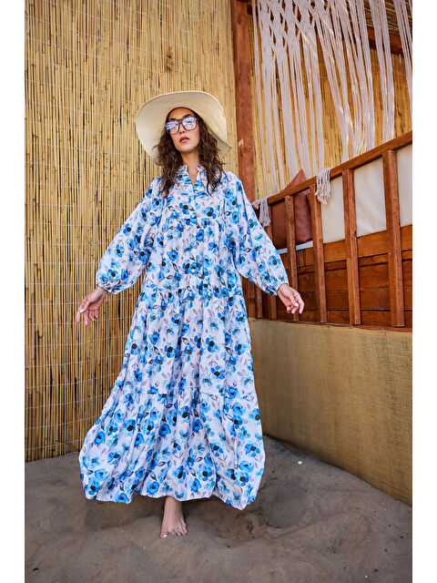 Locco Moda Kadın Etnik Çicek Desenli Elbise Mavi - S000398299-17234
