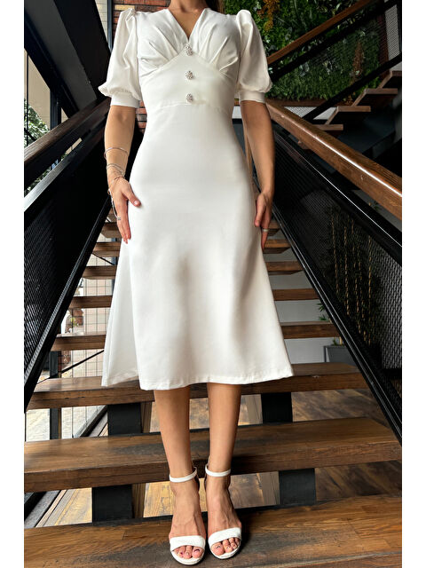 Gülseli V Yaka Düğme Detaylı Midi Boy Elbise - S000289615-19966