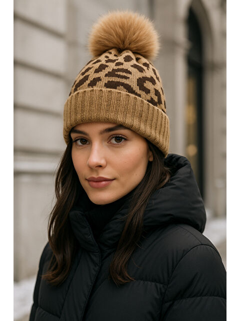 Luminos Butik Kadın Leopar Desenli Ponponlu Yünlü Bere BERE1145 - S000466763-19351