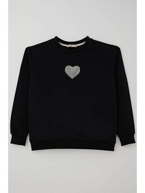 Breeze Kız Çocuk Sweatshirt Işıltılı Kalp Masalı İnci İşlemeli Siyah (9-14 Yaş) - S000501993-19351