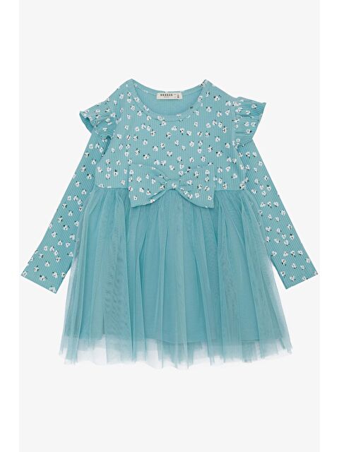 Breeze Kız Çocuk Uzun Kollu Elbise Çiçek Desenli Fırfırlı Fiyonklu Su Yeşili (3-4 Yaş) - S000147269-20054