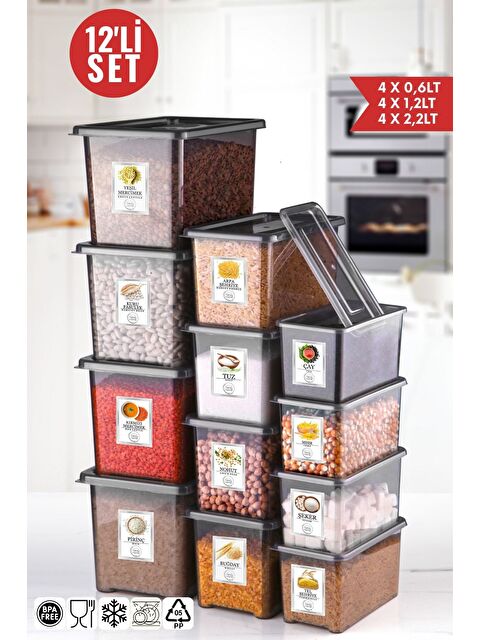 Nandy Home Etiketli 12 li Jolly Saklama Kabı Seti 4X0 6LT 4X1 2LT 4X2 2LT   ANTRASİT - S000275608-29666