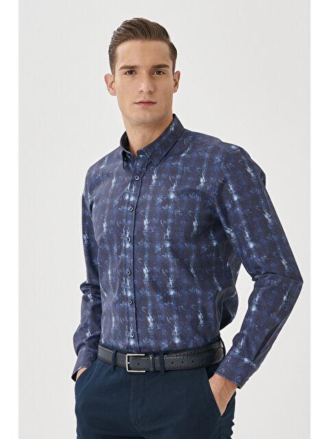 Altınyıldız Classics Erkek Lacivert Slim Fit Dar Kesim Düğmeli Yaka Baskılı Lacivert Gömlek - S000403683-21164