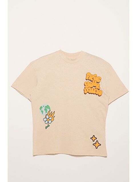 For You Classic Baskılı Eskitme Detaylı Taş Rengi Tshirt - S000274157-25636