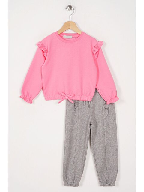 Zepkids Bisiklet Yaka Uzun Kol Pantolonu Dikiş Detaylı Pembe Gri Renk Kız Çocuk Esofman Takım - S000355857-2319