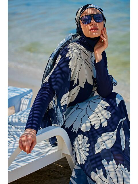 Marina Çiçekli Lacivert Pareo Kaftan P2348 - S000128441-21164