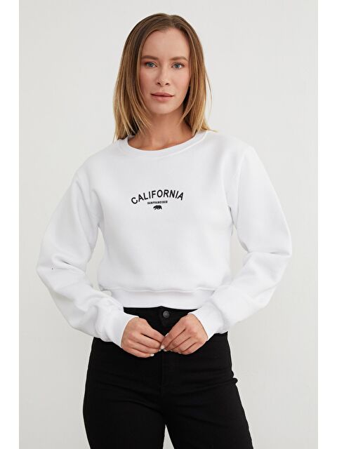 Fullamoda 3 İplik California Yazı Baskılı Crop Sweatshirt - S000440859-20063