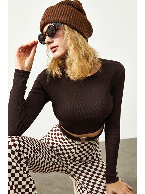 Xhan Kahverengi Halka Detaylı Kaşkorse Crop Bluz 3KXK2-46541-18 - S000032981-19413